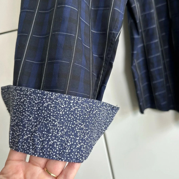 Bugatchi Mens Dress Shirts Black and Blue Plaid Contrast Cuff Print Size XL - Picture 3 of 12
